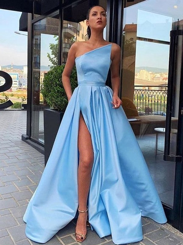 A-Line/Princess Strapless Satin Sleeveless Ruffles Floor-Length Dresses