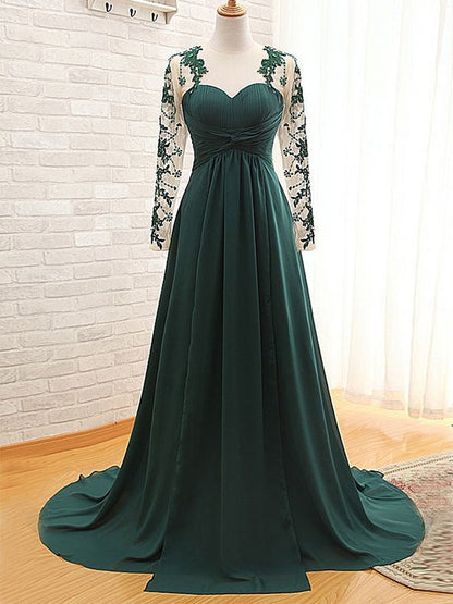 A-Line/Princess Chiffon Applique Sweetheart Long Sleeves Sweep/Brush Train Mother of the Bride Dresses