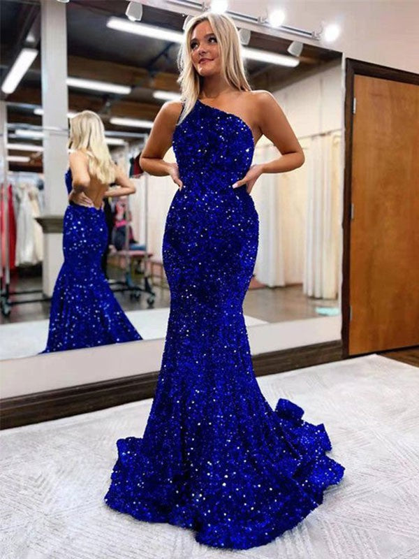 Trumpet/Mermaid Velvet Sequins Ruffles One-Shoulder Sleeveless Sweep/Brush Train DressesTrumpet/Mermaid Velvet Sequins Ruffles One-Shoulder Sleeveless Sweep/Brush Train Dresses