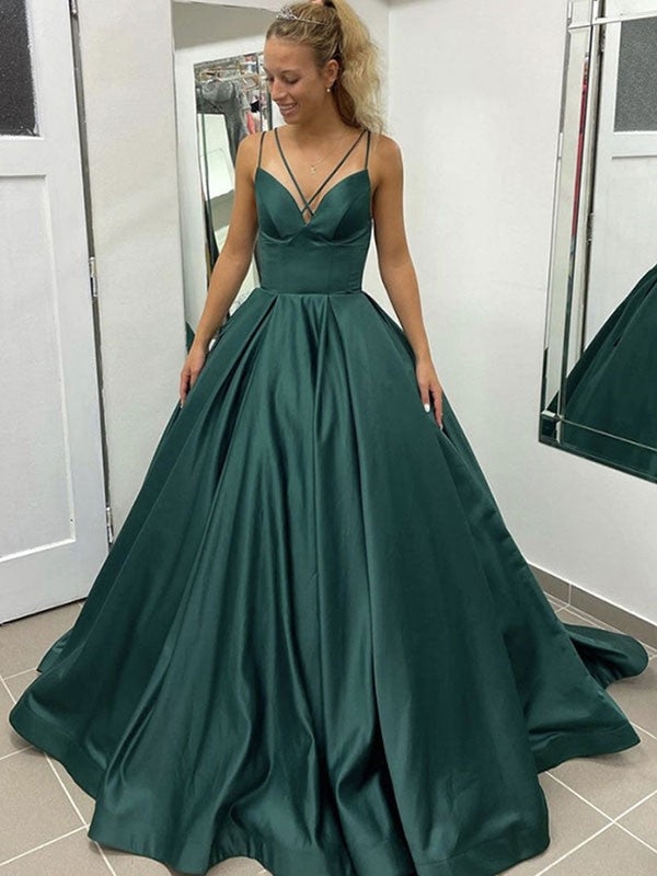 Ball Gown Satin Ruffles V-neck Sleeveless Court Train Dresses