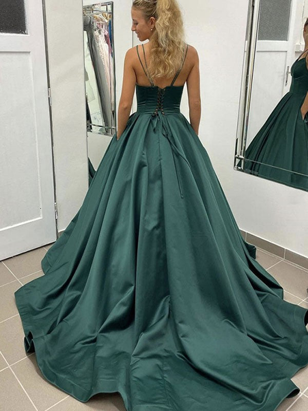 Ball Gown Satin Ruffles V-neck Sleeveless Court Train Dresses