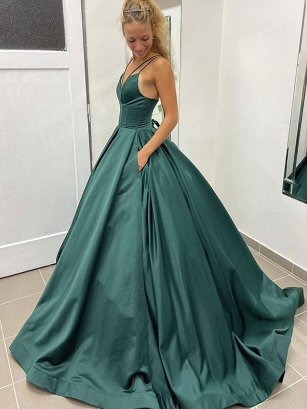 Ball Gown Satin Ruffles V-neck Sleeveless Court Train Dresses