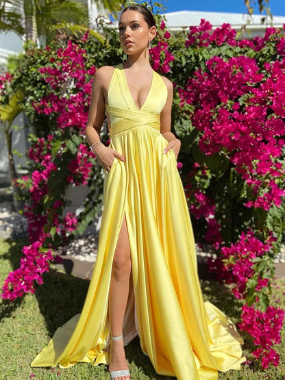 A-Line/Princess Silk like Satin Ruffles V-neck Sleeveless Sweep/Brush Train Dresses