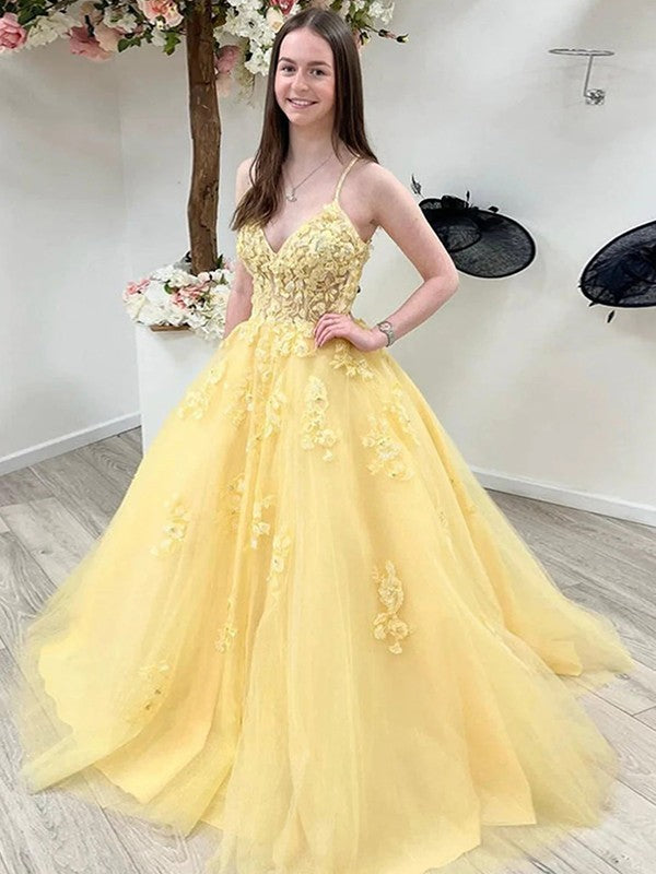 Ball Gown Tulle Applique V-neck Sleeveless Sweep/Brush Train Dresses