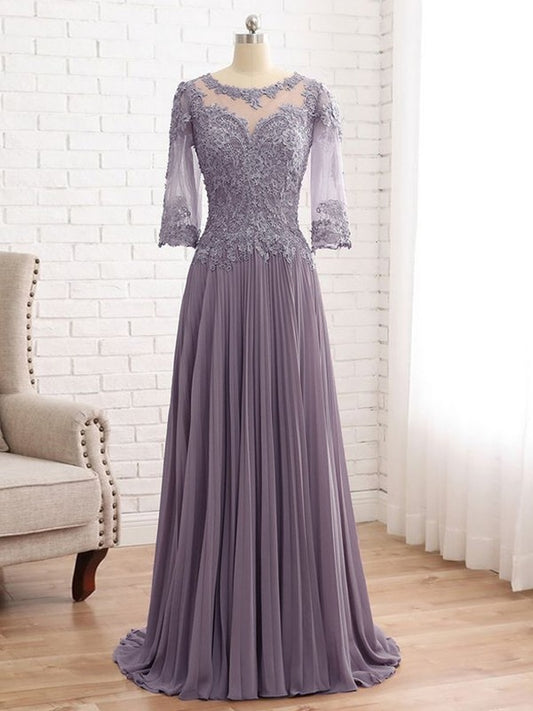 A-Line/Princess Chiffon Lace Scoop 3/4 Sleeves Sweep/Brush Train Mother of the Bride Dresses