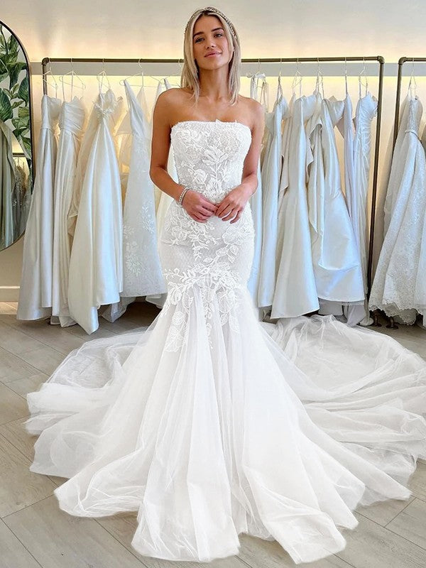 Trumpet/Mermaid Tulle Applique Strapless Sleeveless Cathedral Train Wedding Dresses