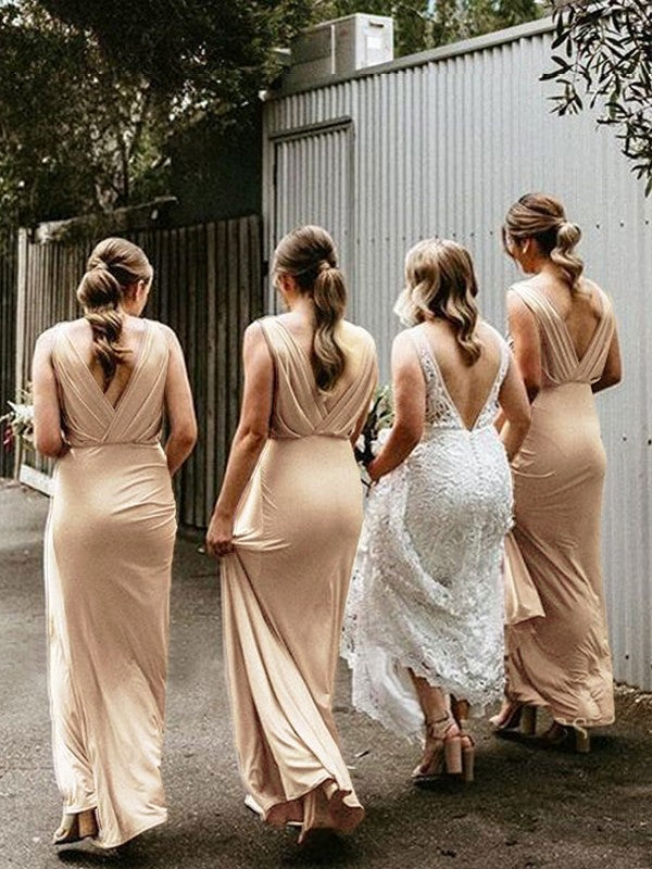 Sheath/Column Jersey Ruched V-neck Sleeveless Floor-Length Bridesmaid Dresses