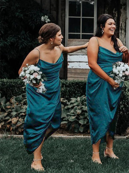 Sheath/Column Silk like Satin Ruched Spaghetti Straps Sleeveless Ankle-Length Bridesmaid Dresses