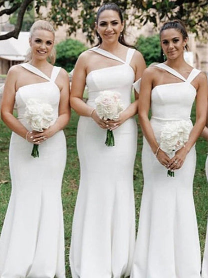 Trumpet/Mermaid Stretch Crepe Ruched Halter Sleeveless Floor-Length Bridesmaid Dresses