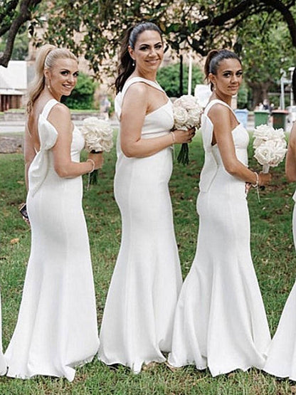 Trumpet/Mermaid Stretch Crepe Ruched Halter Sleeveless Floor-Length Bridesmaid Dresses