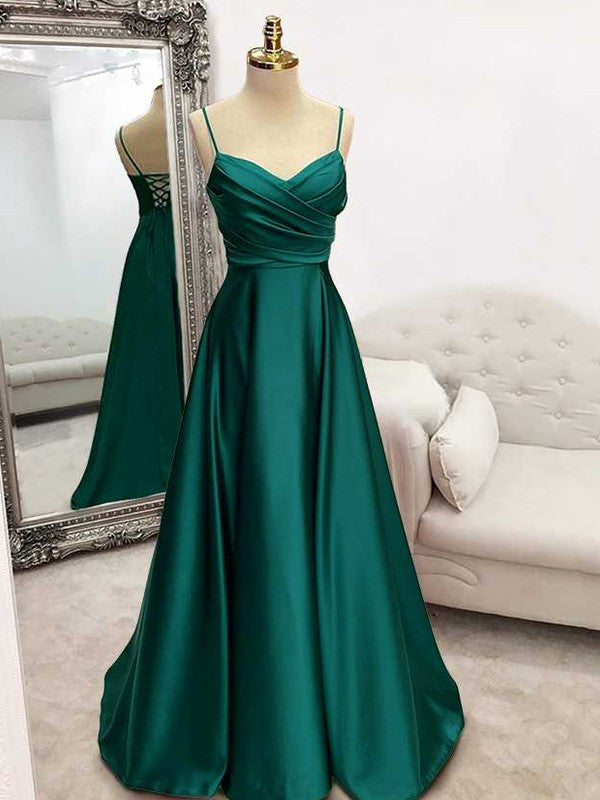 A-Line/Princess Elastic Woven Satin Ruffles V-neck Sleeveless Sweep/Brush Train Dresses