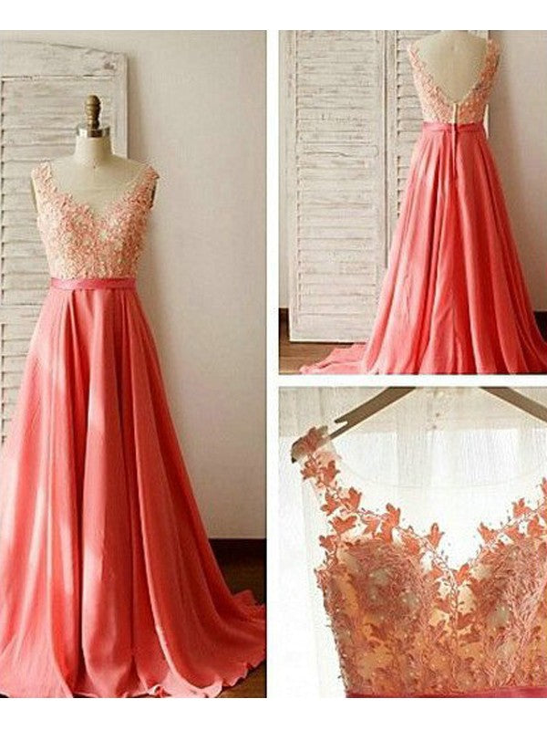 A-Line/Princess Sleeveless Sweetheart Sweep/Brush Train Lace Chiffon Bridesmaid Dresses