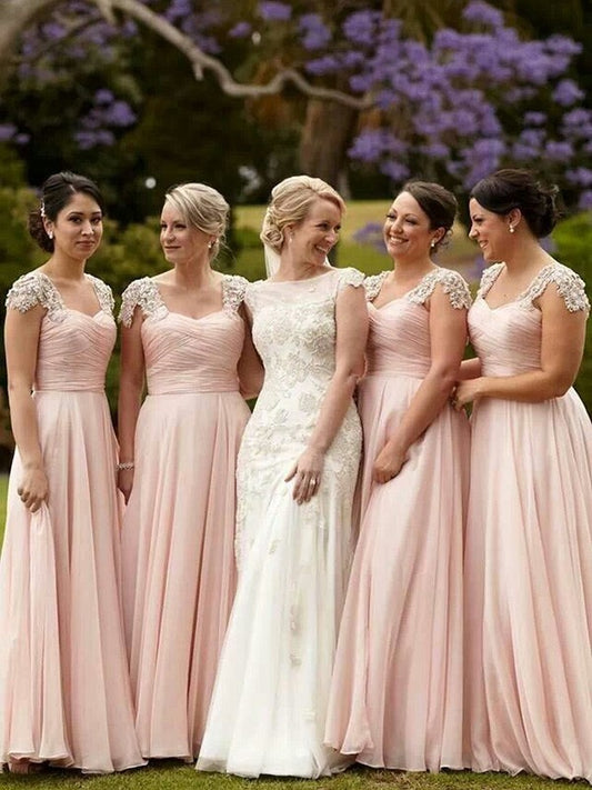 A-Line/Princess Short Sleeves Square Beading Chiffon Floor-Length Bridesmaid Dresses