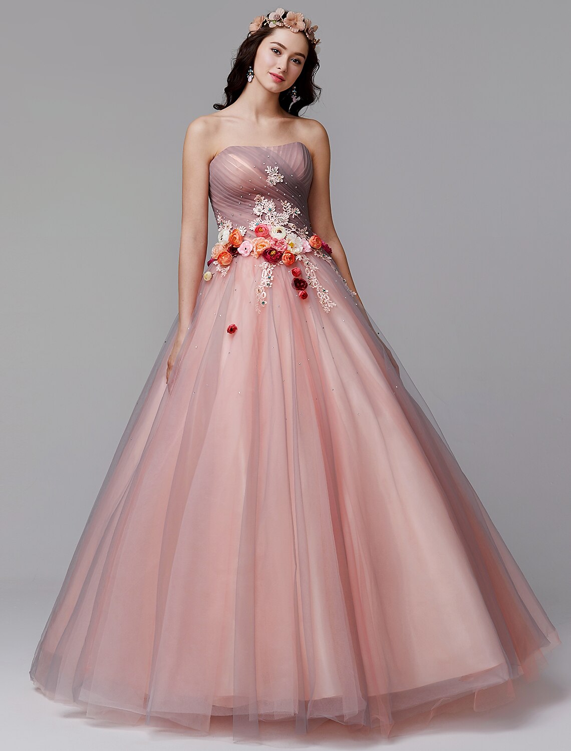 Ball Gown Floral Formal Evening Dress Strapless Sleeveless Floor Length Tulle with Pleats Flower