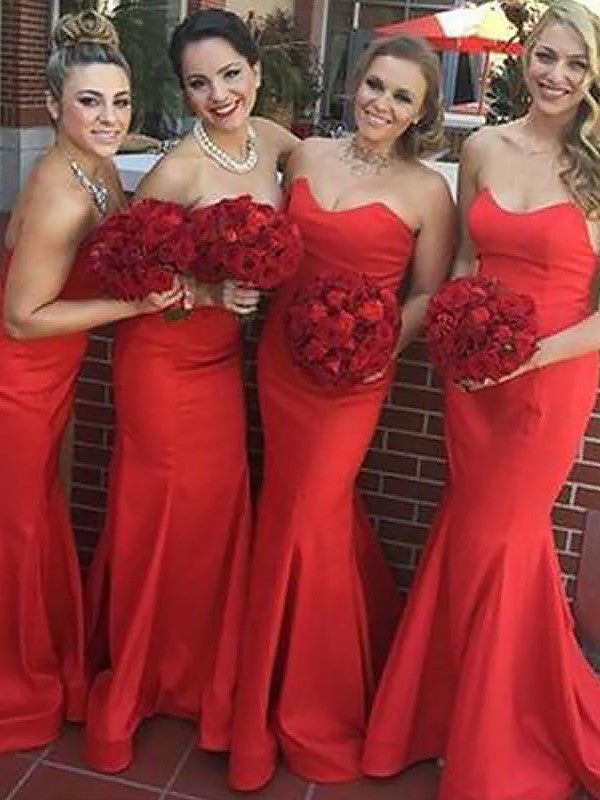 Trumpet/Mermaid Sweetheart Floor-Length Sleeveless Satin Bridesmaid Dresses