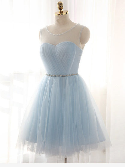 A-Line/Princess Scoop Beading Sleeveless Short/Mini Tulle Dresses