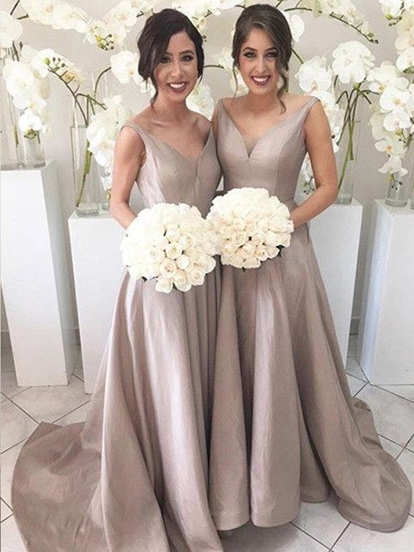 A-Line/Princess V-neck Sleeveless Sweep/Brush Train Taffeta Bridesmaid Dresses