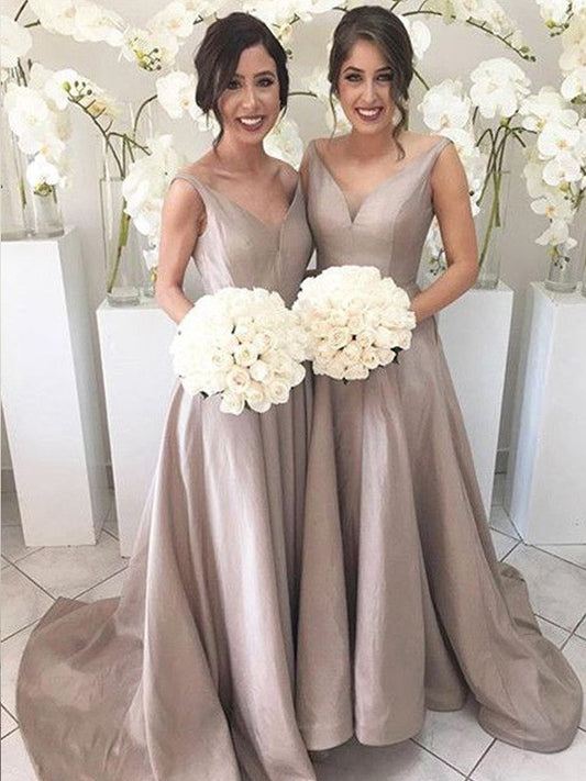 A-Line/Princess V-neck Sleeveless Sweep/Brush Train Taffeta Bridesmaid Dresses