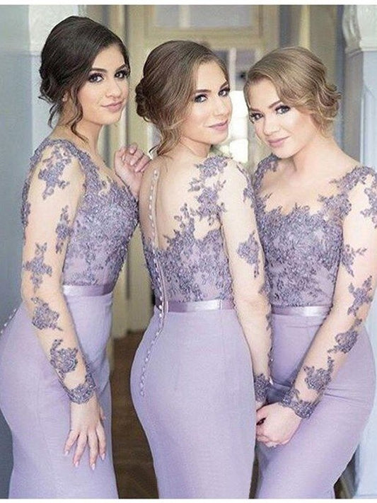 Trumpet/Mermaid Scoop Long Sleeves Stretch Crepe Floor-Length Bridesmaid Dresses