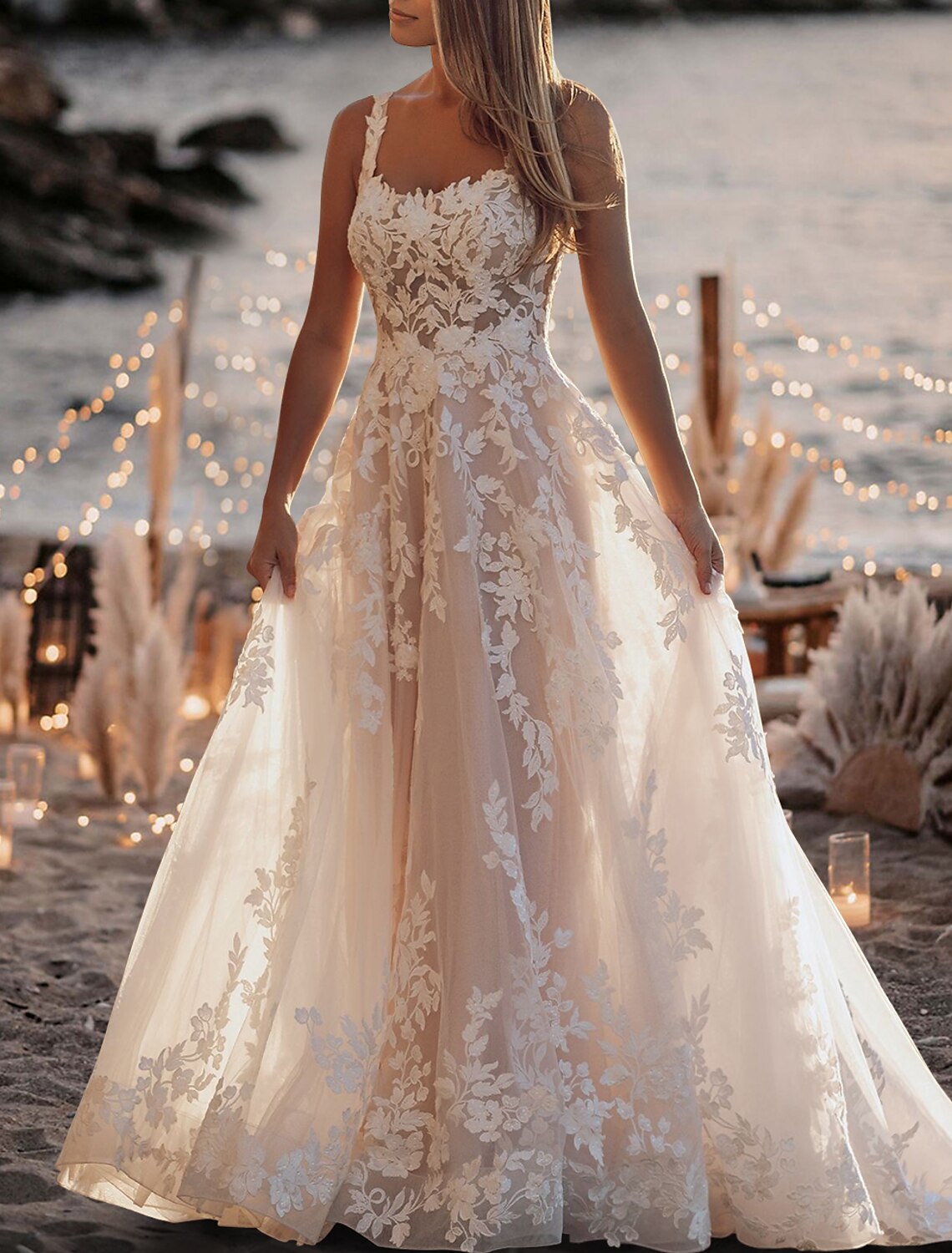 Beach Formal Wedding Dresses A-Line Square Neck Sleeveless Sweep / Brush Train Lace Bridal Gowns With Pleats Solid Color