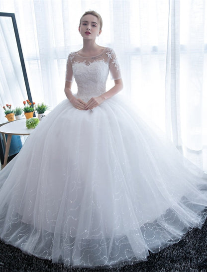 Reception Formal Wedding Dresses Ball Gown Illusion Neck Half Sleeve Floor Length Satin Bridal Gowns With Lace