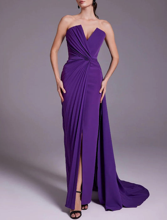 Sheath / Column Evening Gown Elegant Dress Formal Wedding Tea Length Sleeveless V Neck Chiffon with Ruched Slit