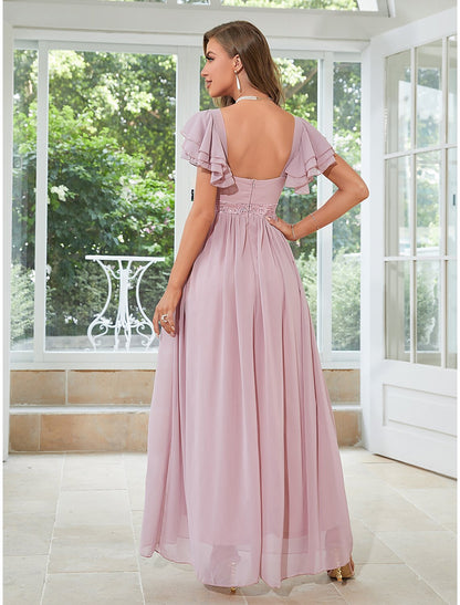 A-Line Wedding Guest Dresses Elegant Dress Party Wear Floor Length Short Sleeve Square Neck Chiffon with Ruffles