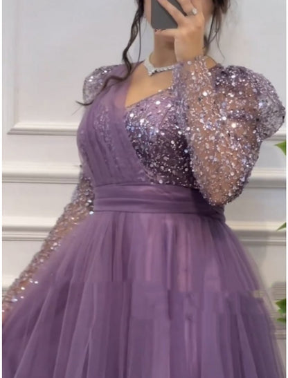 A-Line Prom Dresses Elegant Dress Formal Sweep / Brush Train Long Sleeve V Neck Tulle with Glitter Pleats