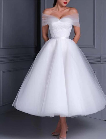 Reception Wedding Dresses Little White Dresses Ball Gown Off Shoulder Cap Sleeve Tea Length Lace Bridal Gowns With Pleats Appliques Summer Fall Wedding Party