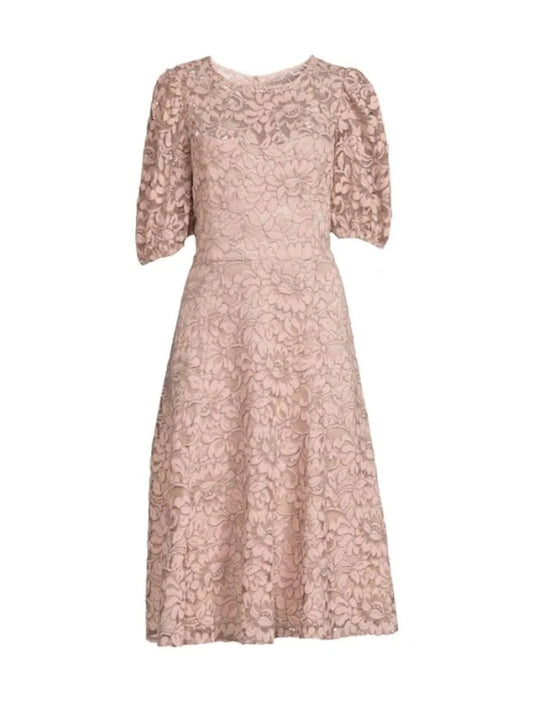 A-Line Mother of the Bride Dress Wedding Guest Elegant Petite Scoop Neck Knee Length Lace Half Sleeve with Ruching Solid Color