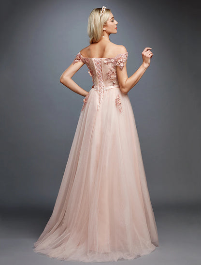 A-Line Floral Dress Wedding Guest Prom Sweep / Brush Train Sleeveless Off Shoulder Tulle Over Lace with Appliques