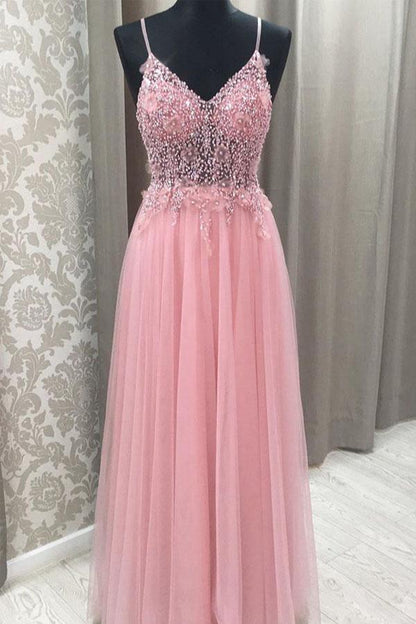 A-line Princess Beaded Open Back Tulle Long Prom Dress