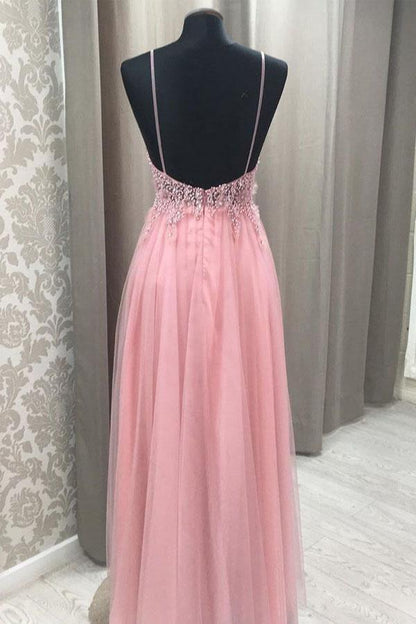 A-line Princess Beaded Open Back Tulle Long Prom Dress