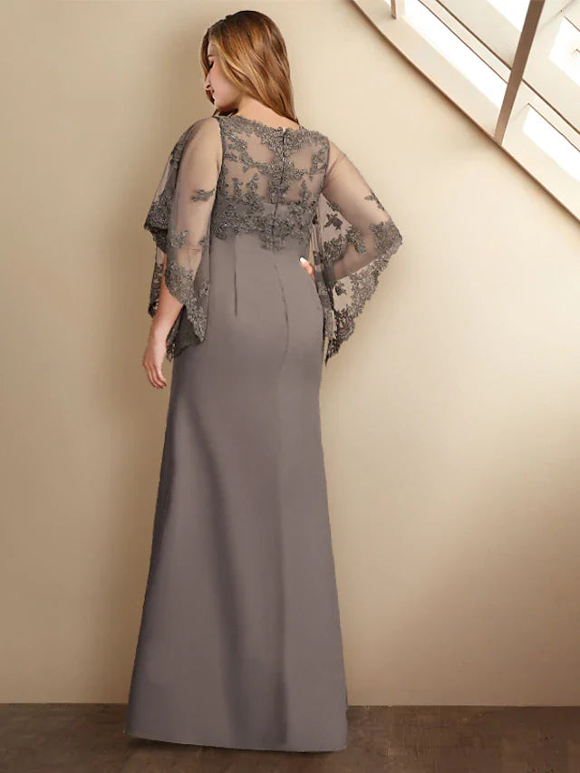 Sheath / Column Plus Size Curve Mother of the Bride Dresses Elegant Dress Formal Floor Length Half Sleeve Jewel Neck Chiffon with Appliques