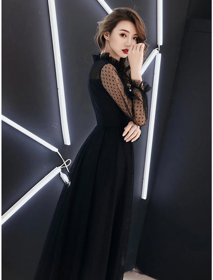 A-Line Little Black Dress Elegant Party Wear Prom Dress High Neck Long Sleeve Floor Length Lace with Ruffles