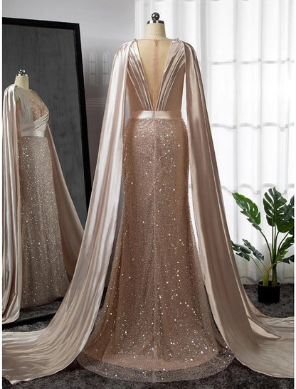 A-Line Evening Gown Elegant Dress Formal Court Train Long Sleeve Illusion Neck Stretch Satin with Pleats Ruched Beading