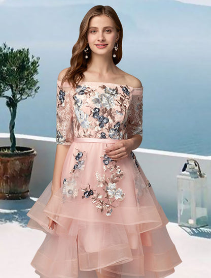 A-Line Prom Dresses Floral Dress Evening Party Asymmetrical Half Sleeve Off Shoulder Satin with Embroidery Appliques