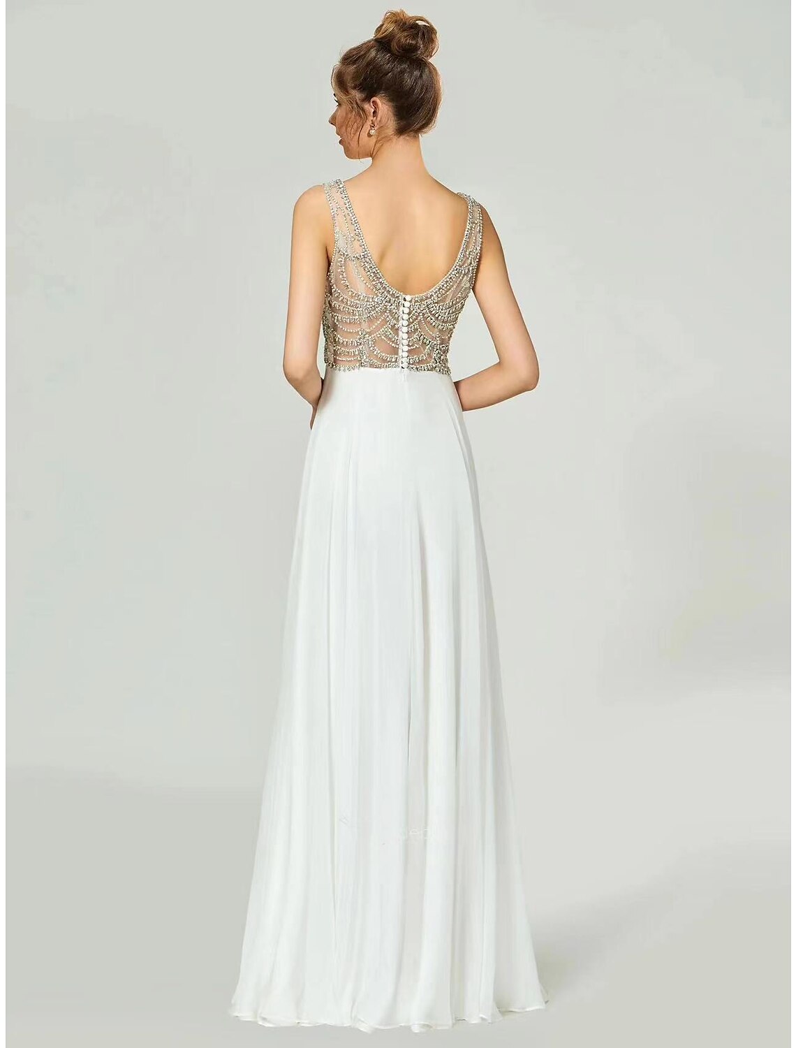 A-Line Evening Gown Open Back Dress Formal Floor Length Sleeveless V Neck Chiffon with Rhinestone