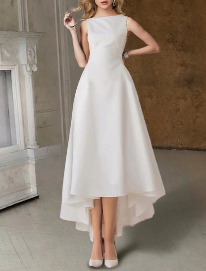 Hall Little White Dresses Wedding Dresses A-Line Scoop Neck Sleeveless Tea Length Satin Bridal Gowns With Pleats Solid Color