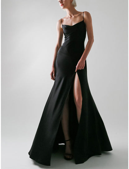 A-Line Evening Gown Sexy Dress Wedding Guest Prom Floor Length Sleeveless Spaghetti Strap Satin with Slit Pure Color