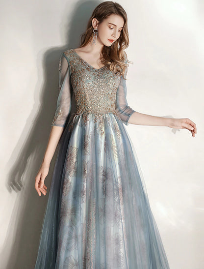 A-Line Prom Dresses Elegant Dress Engagement Floor Length Half Sleeve V Neck Tulle with Pleats Pattern / Print Appliques