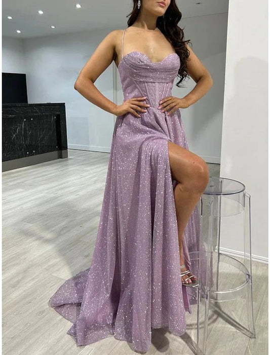 A-Line Prom Dresses Corsets Dress Wedding Guest Wedding Party Sweep / Brush Train Sleeveless Spaghetti Strap Fall Wedding Reception Tulle with Glitter Pleats