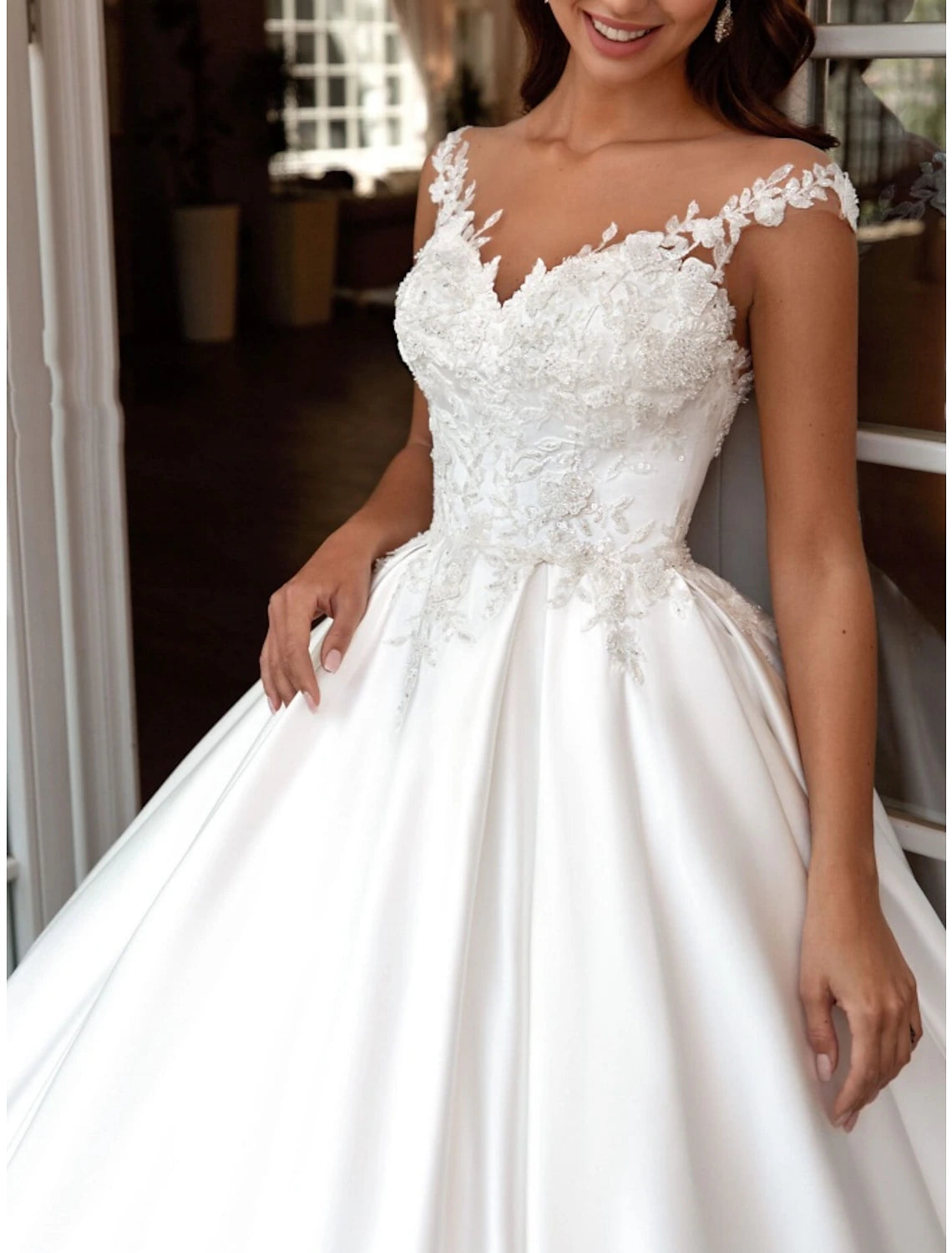 Reception Formal Wedding Dresses A-Line V Neck Sleeveless Court Train Satin Bridal Gowns With Pleats Appliques