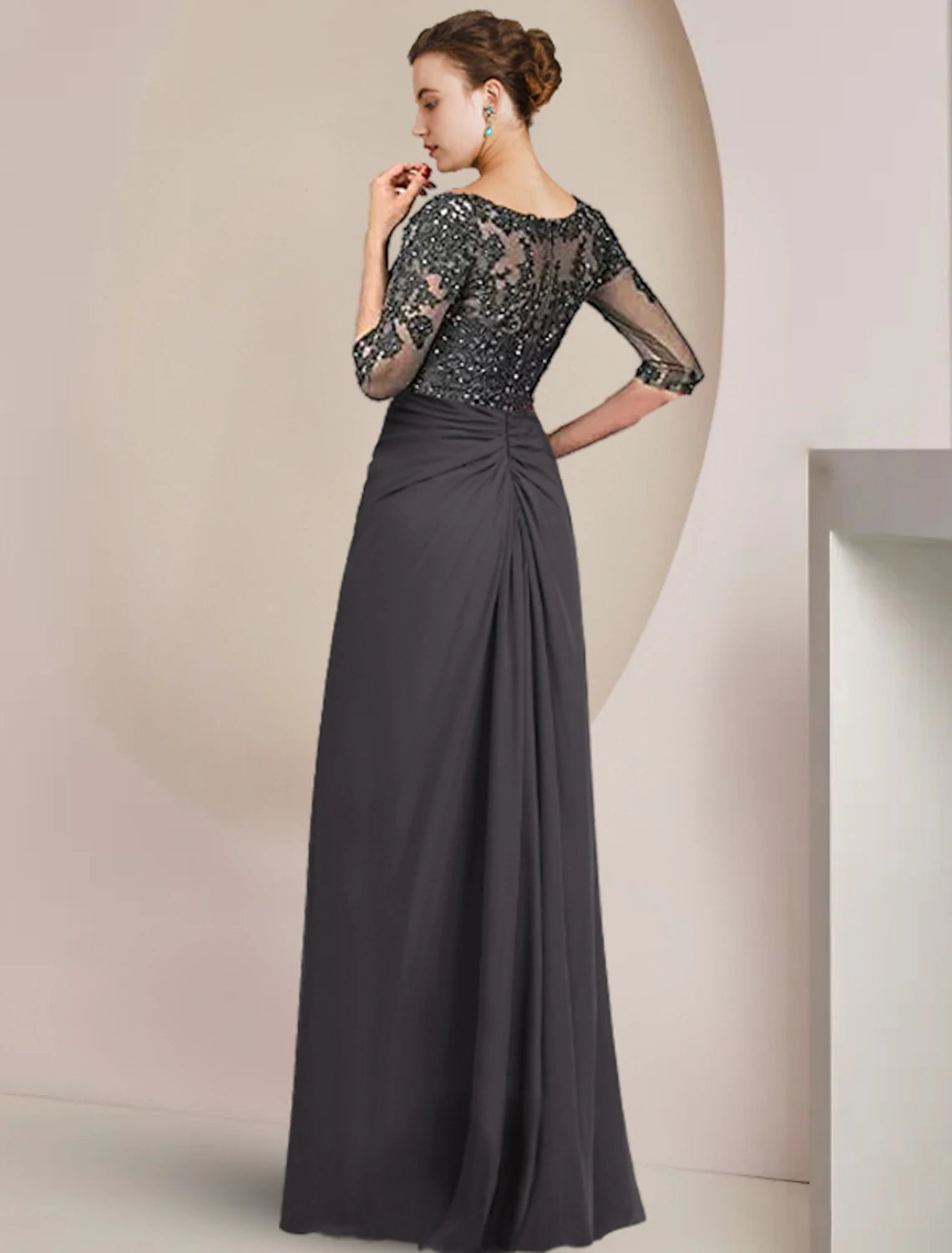 Sheath / Column Mother of the Bride Dress Formal Wedding Guest Elegant Square Neck Floor Length Chiffon Lace 3/4 Length Sleeve with Sequin Appliques Ruching