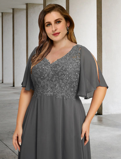 A-Line Plus Size Curve Mother of the Bride Dresses Elegant Dress Formal Floor Length Short Sleeve V Neck Chiffon with Pleats Appliques