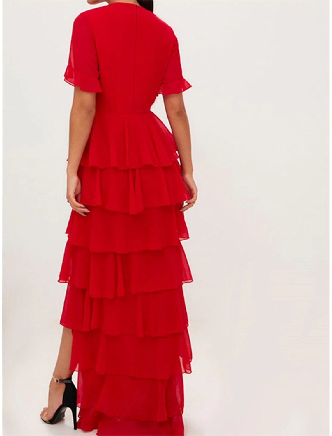 A-Line Evening Dress Red Green Dress Elegant Wedding Guest Formal V Neck Short Sleeve Floor Length Chiffon with Ruffles Tier