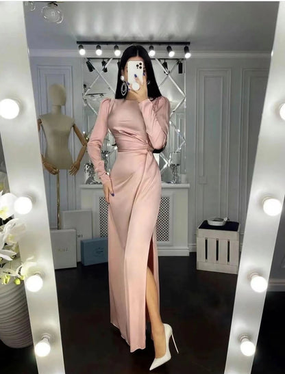 Sheath Party Dress Evening Gown Elegant Dress Wedding Guest Fall Floor Length Long Sleeve High Neck Bridesmaid Dress Satin with Ruched