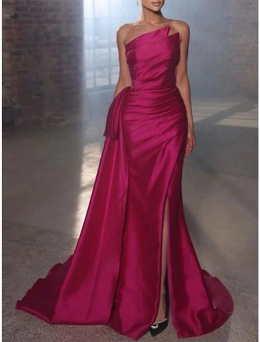 A-Line Evening Gown Elegant Dress Formal Court Train Sleeveless Strapless Satin with Pleats Ruched Sequin