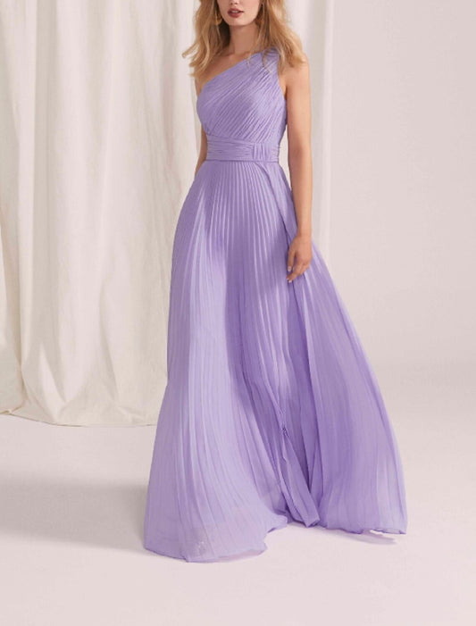 A-Line Evening Gown Elegant Dress Wedding Guest Formal Evening Floor Length Sleeveless One Shoulder Chiffon with Pleats