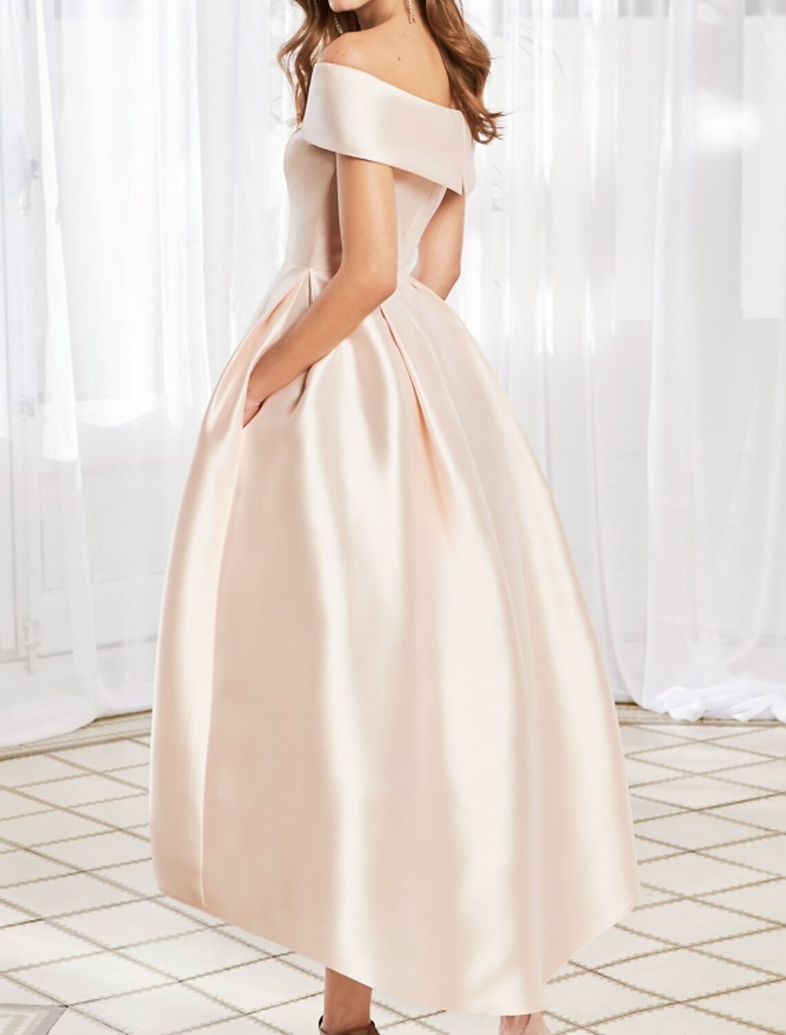 Ball Gown Elegant Vintage Engagement Prom Dress Off Shoulder Short Sleeve Ankle Length Satin with Sleek